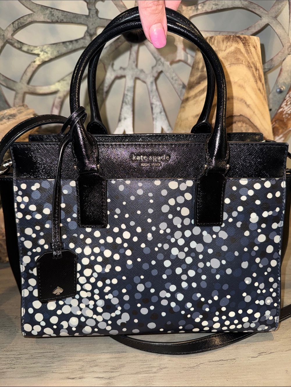 kate spade Navy and Gray-White Polka Dot Satchel with Crossbody Strap NWOT